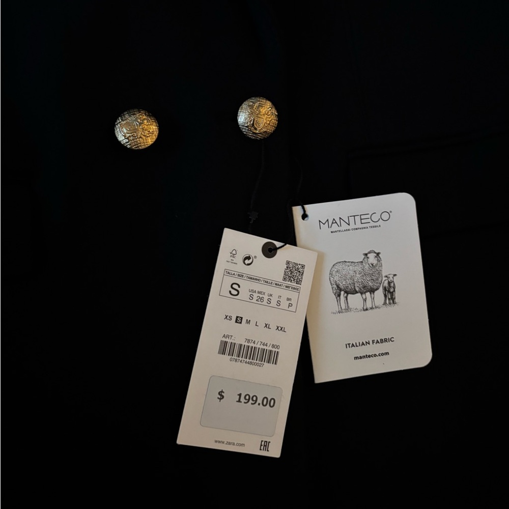 NWT Zara Double Breasted Wool Coat Black Size Small - Picture 8 of 9